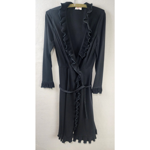 R&K Originals Knit Black Wrap Dress with Satin Ruffle Trim - Size Missing - Picture 1 of 8